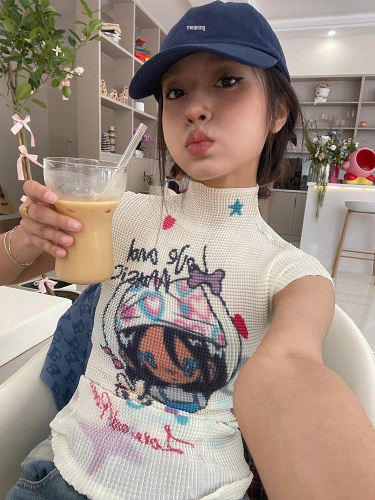 

Women s Summer Graffiti Cartoon Print Ruched Slim Fit T-Shirt S белый