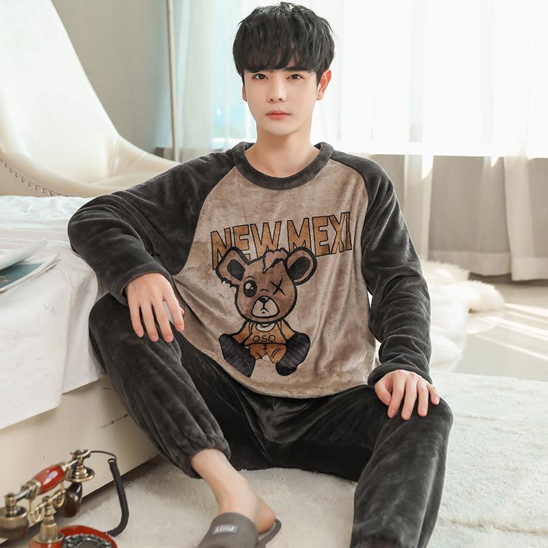 Winter Warm Flannel Boy Sleepwear Thermal Velvet Cartoon Plaid Men's Pajama Sets Casual Pjs Male Loungewear Pyjamas Nightwear