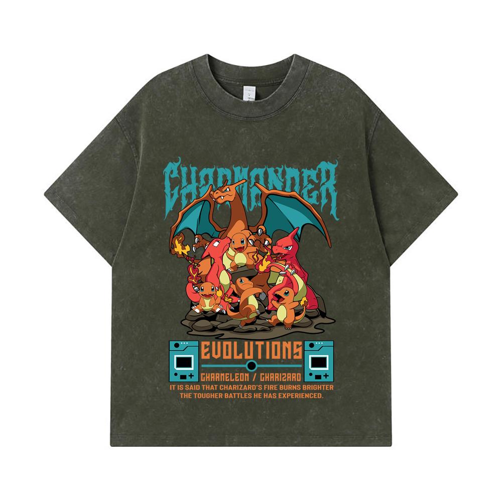 275 GSM Washed T-shirts 100% Cotton Pokemon V6 Charmander Evolutions Print Unisex Heavy Cotton T Shirt S