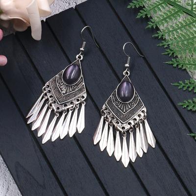 GemChic Women's New Vintage Rhomboid Natural Stone Long Tassel Fringe Earrings Ethnic Fashion Hook Earrings Birthday Christmas Jewelry Gift