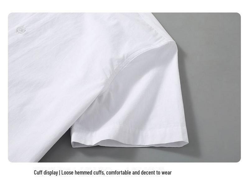 Men's Summer Heavyweight White Short-Sleeve Cotton Shirt - Solid Color Casual Lapel Design
