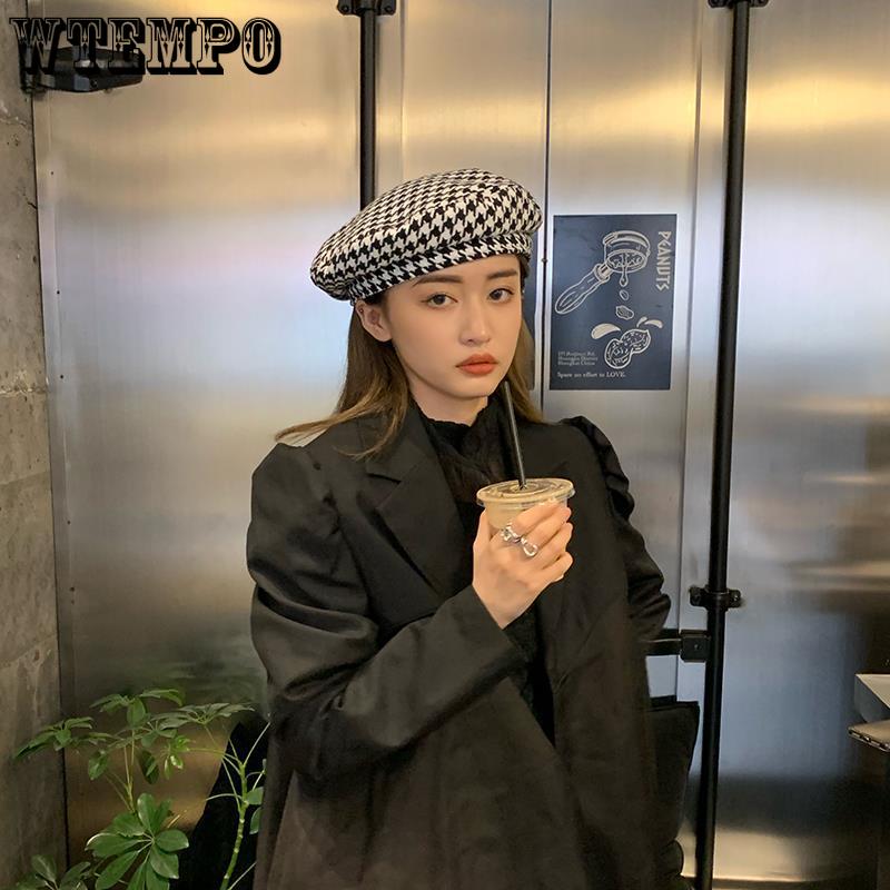 Autumn Winter Houndstooth Beret Hats for Ladies Casual British Flat Top Hat Elegant Wool Without Eaves Painter Hats