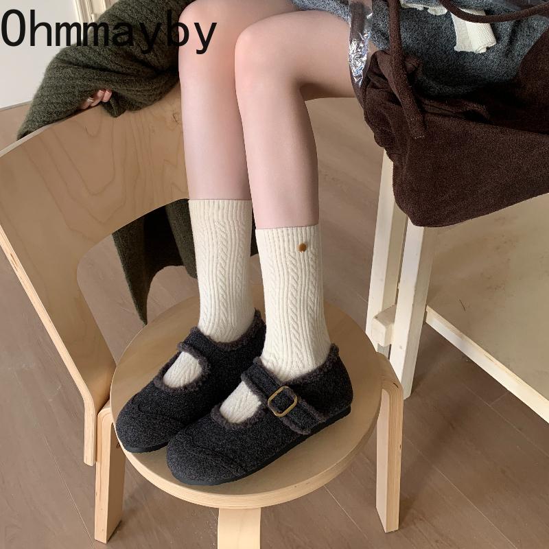 Autumn Winter Vintage Women Fur Lining Mary Jane Shoes Concise Soft Sole Flats Shoes Ladies Comfort Warm Short Plush Snow Shoes