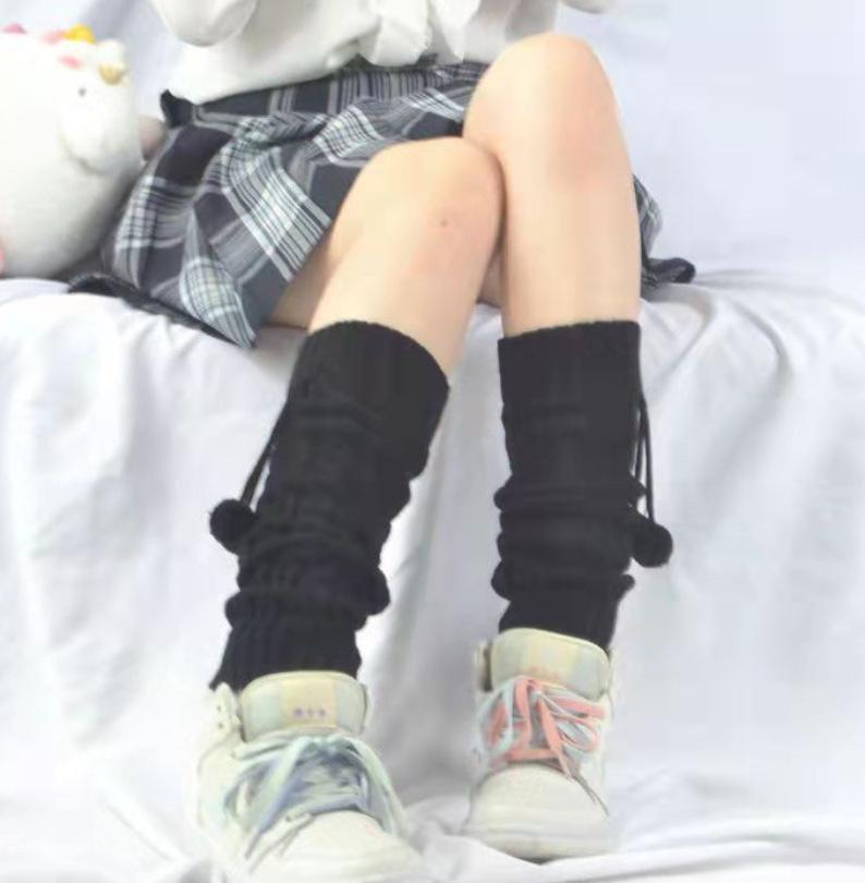 Japanese Lolita Bow Cute Hairball Knitted Socks Cover Women's Winter Leg Warmers Stacking Socks White Jk Socks