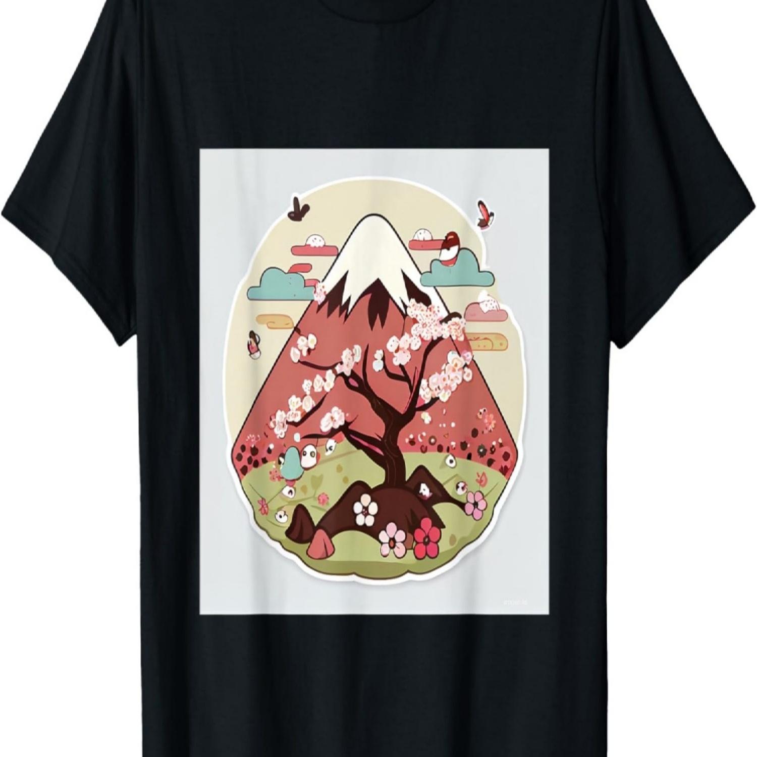 Kawaii cute birds cherry blossom snowy peak mountains T-Shirt S чёрный