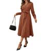 Damen Herbst Midi Kleid Langarm V-Ausschnitt Knopf Krawatte Taille Elegant A-Linie Fließend Vintage Arbeitskleider