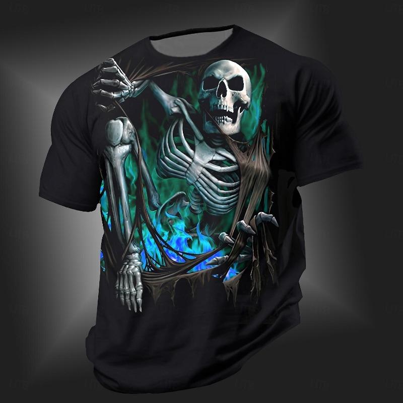 3D Gothic Totenkopf Print Herren T-Shirts Sommer Outdoor Lässig Rundhals Kurzarm T-Shirts Kreatives Persönlichkeitsdesign Herrenkleidung