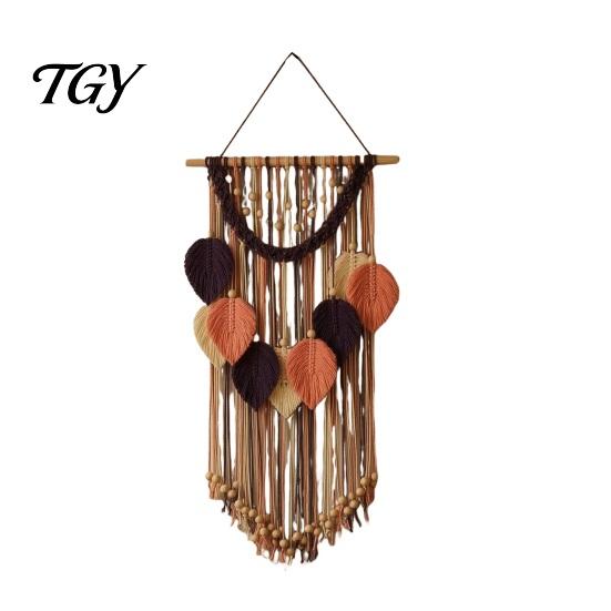 Textured Wall Art for Bedroom Hanging Tapestry, Boho Leaf Decor, Large Tapestry with Wood Beads, Handmade Soft Natural Woven Art, Farmhouse