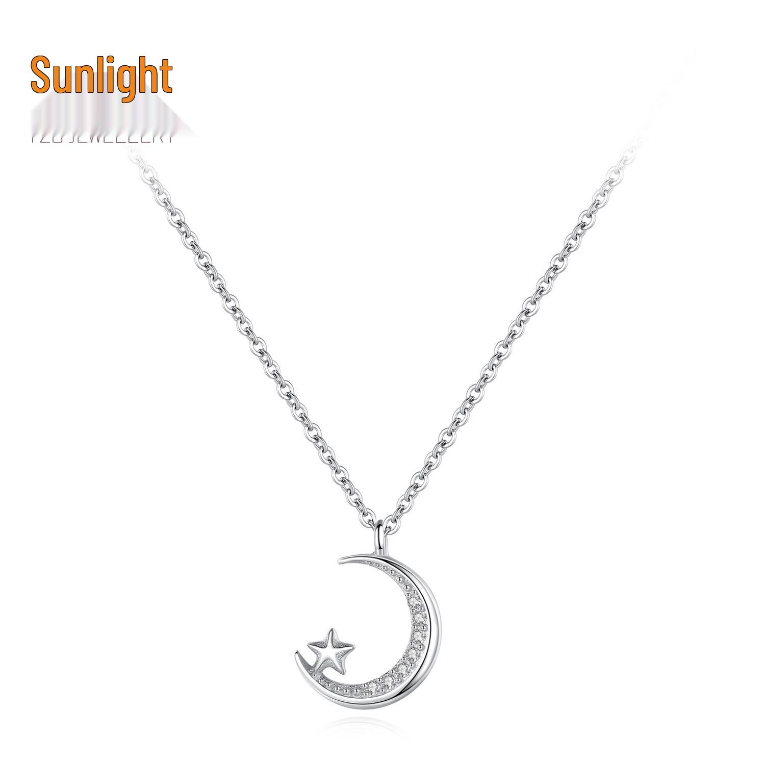 

S925 Sterling Silver Star & Moon Necklace for Women - Japanese & Korean Design, Micro-Inlaid Clavicle Chain, Trendy Pendant. Sterling Silver