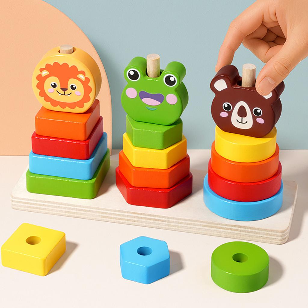 Wooden Animal Shape 3D Column Color Shape Classification Interactive Educational Toy
