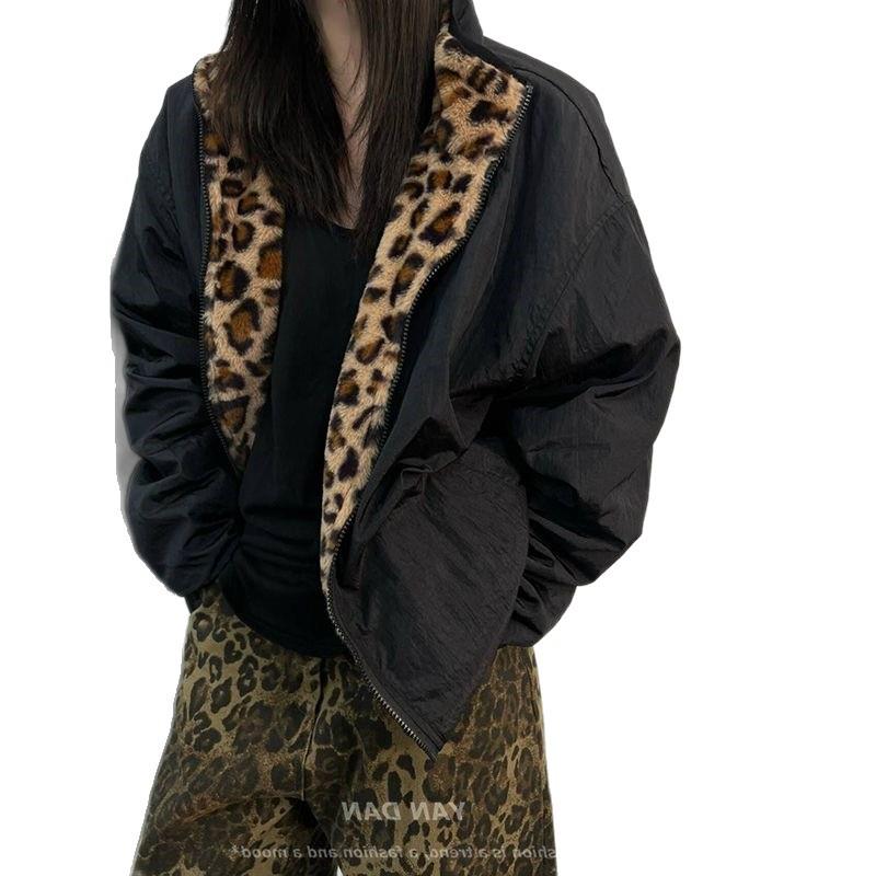 Men's Trendy Vintage Leopard Print Reversible Cotton Jacket with Thickened Anti-Rabbit Fur - American Retro Winter Coat