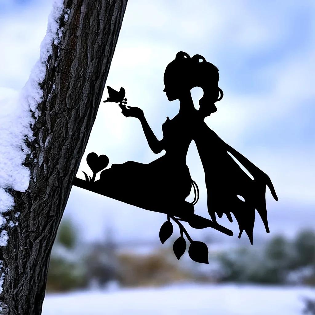 Iron Silhouette Wall Art Fairy Queen on Tree Garden Ornament Metal Sculpture Spring Decor