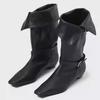 Cowhide Version~ European and American Retro Niche Belt Buckle Square Head Thick Heel Folded Medium Boots Women's 2025 New Knight Boots