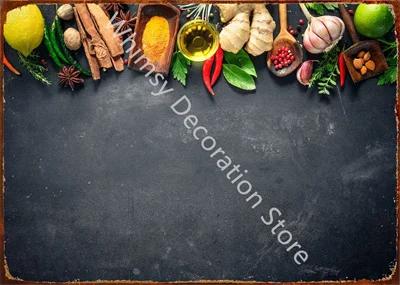 Kitchen Themed Wall Art Decor Colorful Spice and Spoon In Table Metal Tin Sign Food Cooking Ingredients Metal Art Print Decor