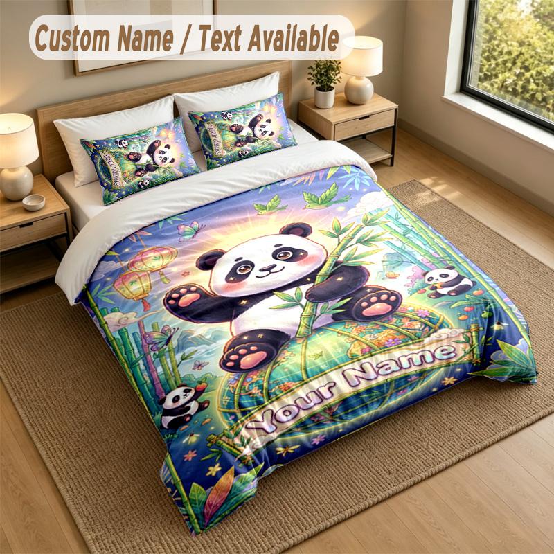 Bear Panda Theme Personalized 3Pcs Bedding Set Custom Text & Name 1 Sheet 2 Pillowcases Household Bedding 1pc