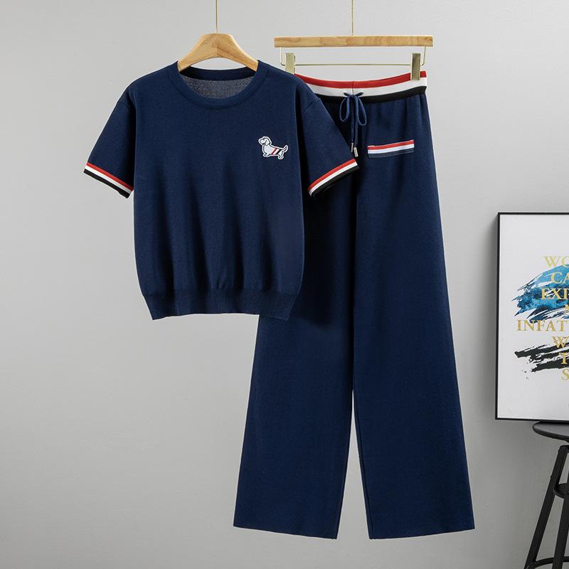 Neuer Sommer Einfacher Rundhals Patchwork Welpe Gestrickt Kurzärmelig Lässig Lange Hose Zweiteiler