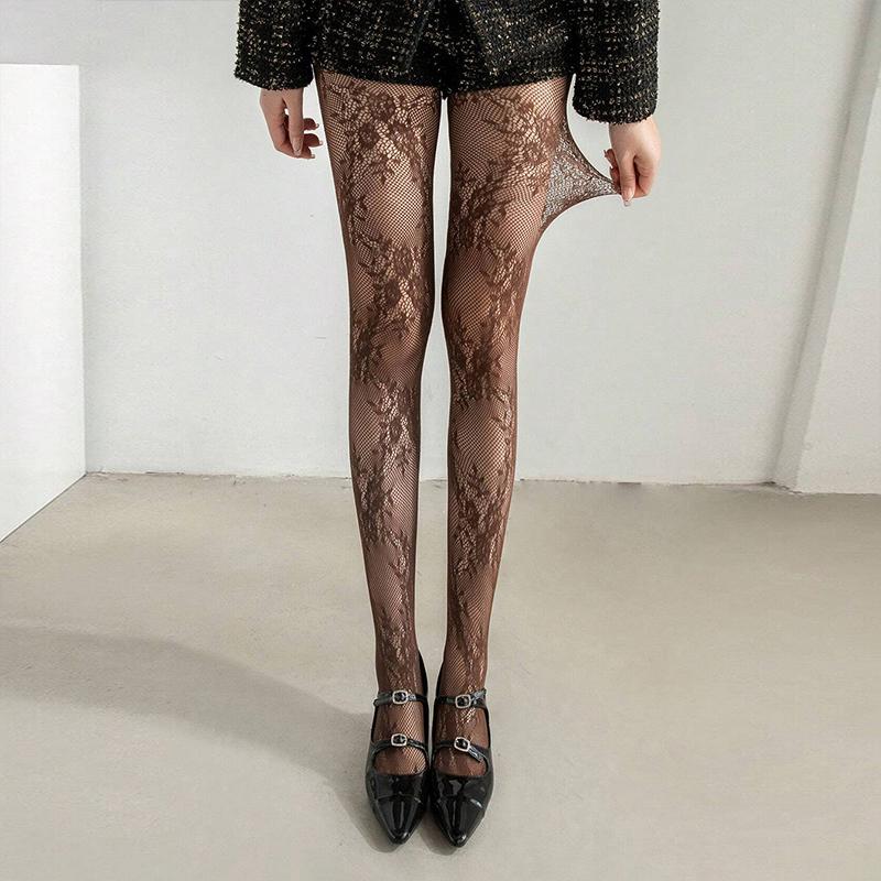 Women Sexy Brown Hollow Out Mesh Thigh High Socks Lolita Long Socks New Floral Pattern Coffee Fishnet Stockings with Suspender
