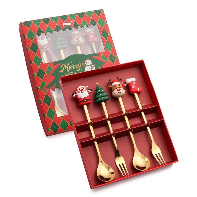 1/2/4/6 pièces ensembles cadeaux de poupée de dessin animé de Noël fantaisie vaisselle de Noël en acier inoxydable ensemble cuillère à café et fourchette avec boîte cadeau