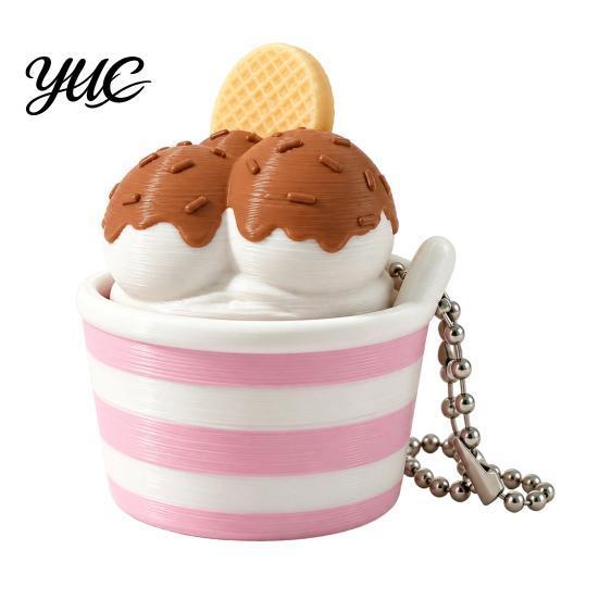 Small Gift for Party Favors 3D Printed Ice Cream Cup Fidget Clicker Keychain, Cute Dessert Stress Simulated Food Keychain Relief Click Toy, Mini Desk