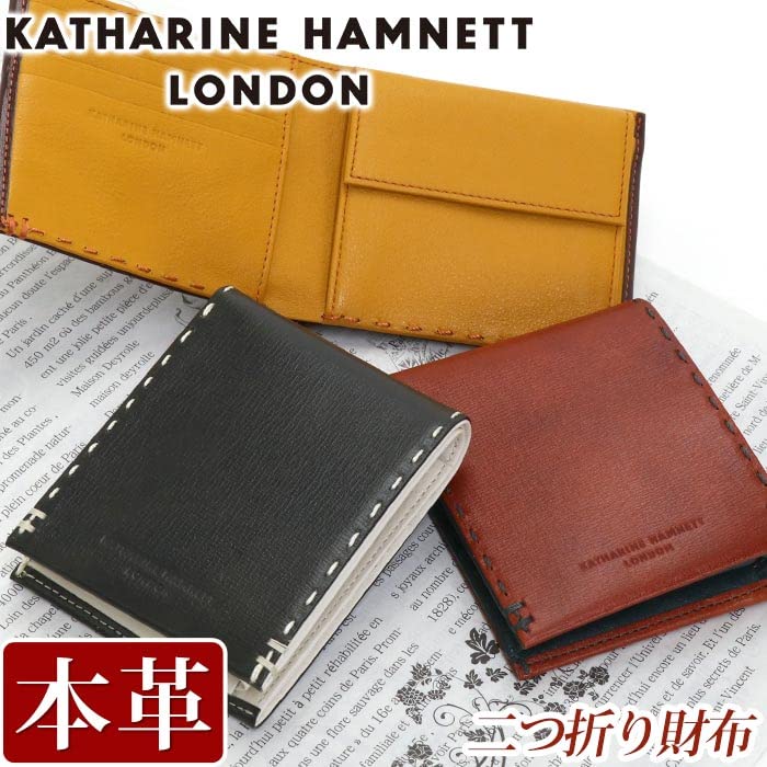 Katharine Hamnett London Color Tailored 2 Bifold Made with Premium Japanese Kip Leather Black Wallet, Antique-Style (Calfskin),