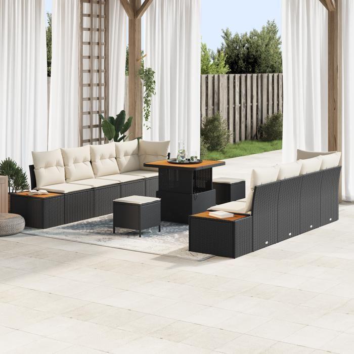 Ensemble de Canapés de Jardin de 11 Pièces avec Coussins Noir Poly Rotin Acacia, Ensemble de Salle à Manger de Jardin 3 3362885