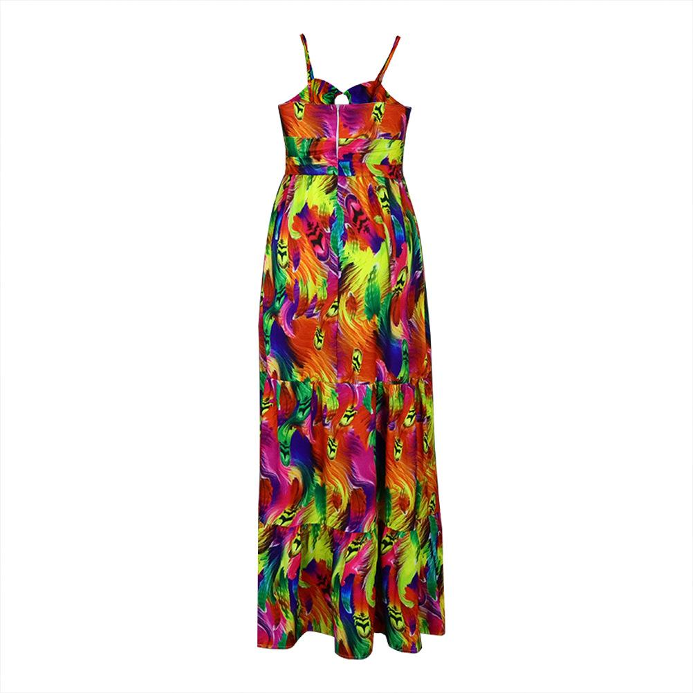 Women's Sexy Spaghetti Strap Colorful Print Maxi Dress, Backless Cut Out High Waist Tiered Beach Vacation Evening Party Gown