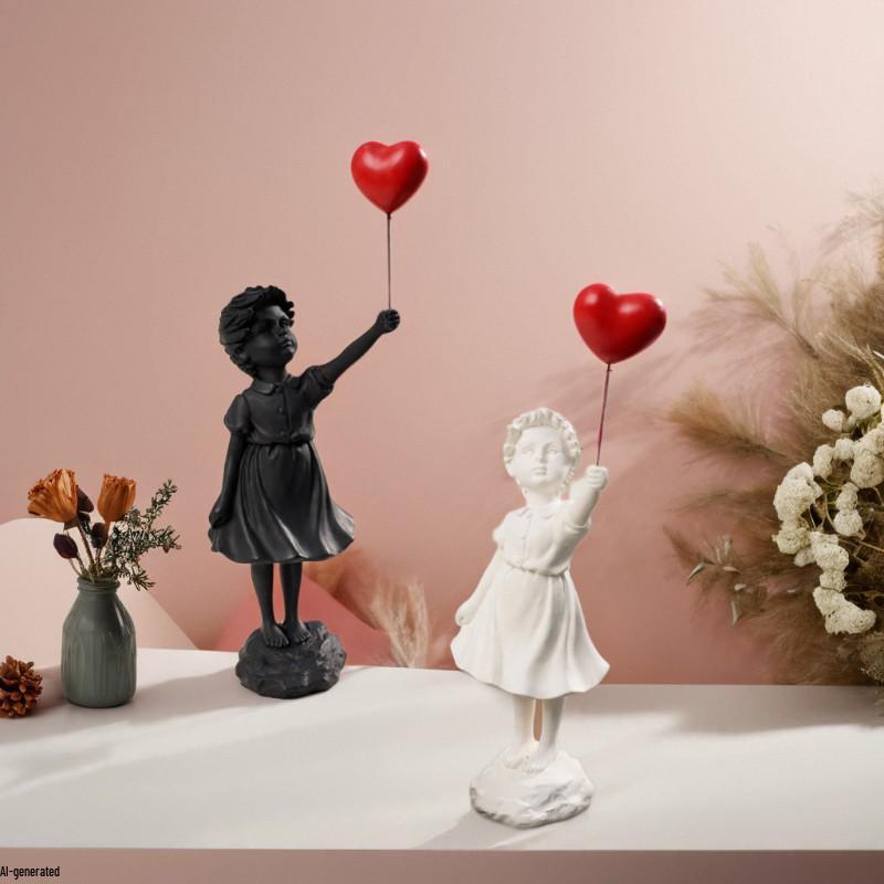 Banksy-Inspired Girl with Heart Balloons Sculpture - European Style Resin Decor for Living Room