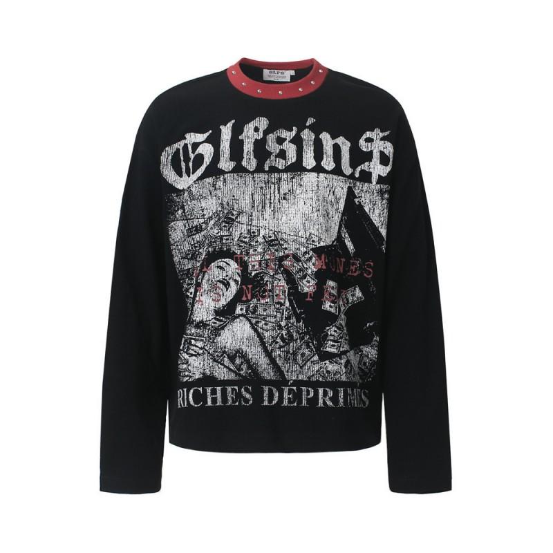 Mens Long Sleeve T Shirt Vintage Punk Graphic Print Loose Fit Round Neck