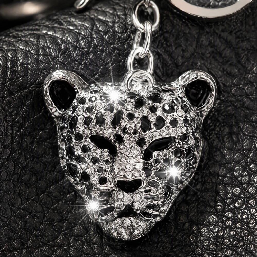 Crystal Rhinestone Leopard Head Keychain Silver Handbag Decoration Fashion Pendant  Car Decoration