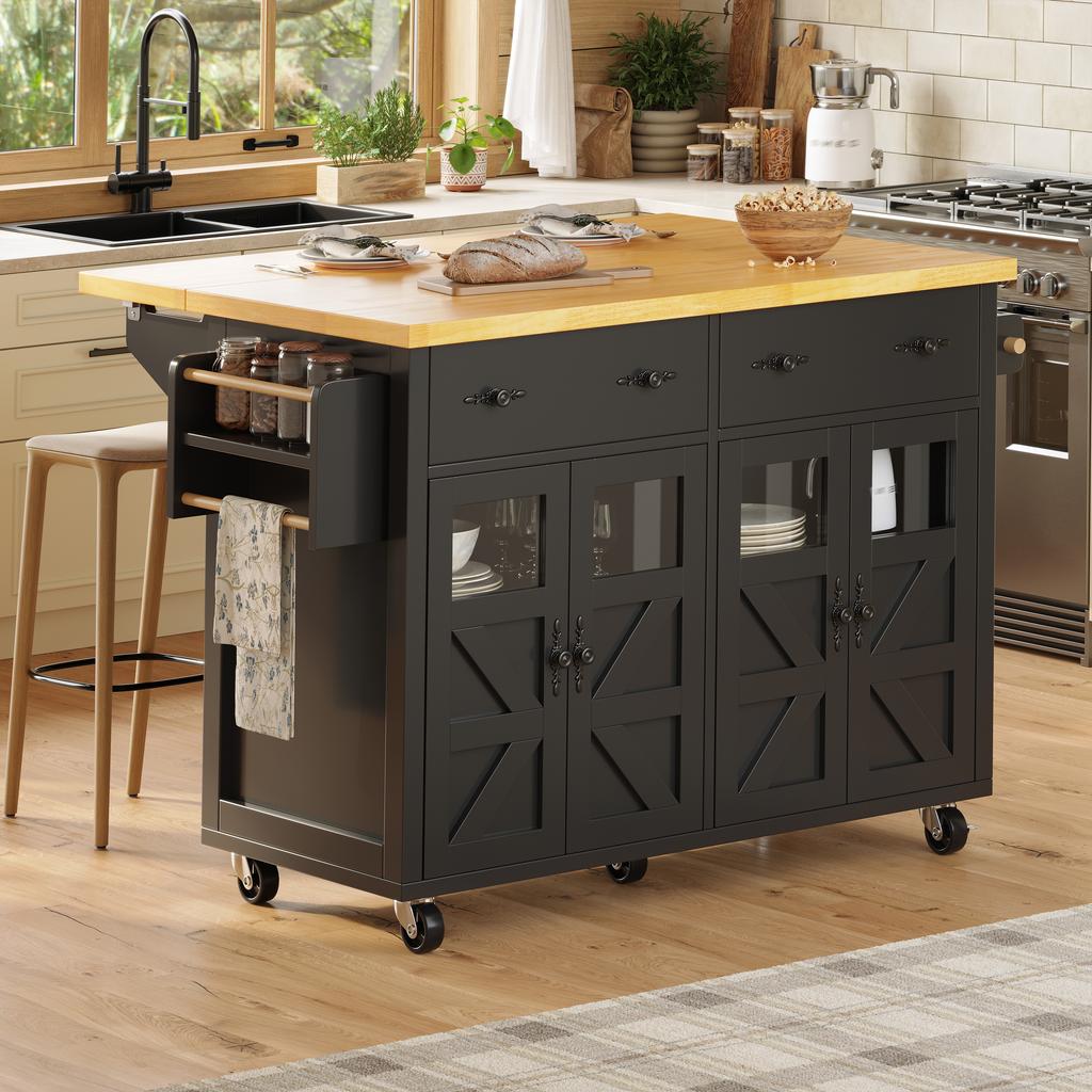 Isola da Cucina, Carrello da Portata Multifunzionale, Ampio Spazio di Archiviazione, Mobile Buffet Mobile, Incl. Freni e Scomparti Regolabili, Nero