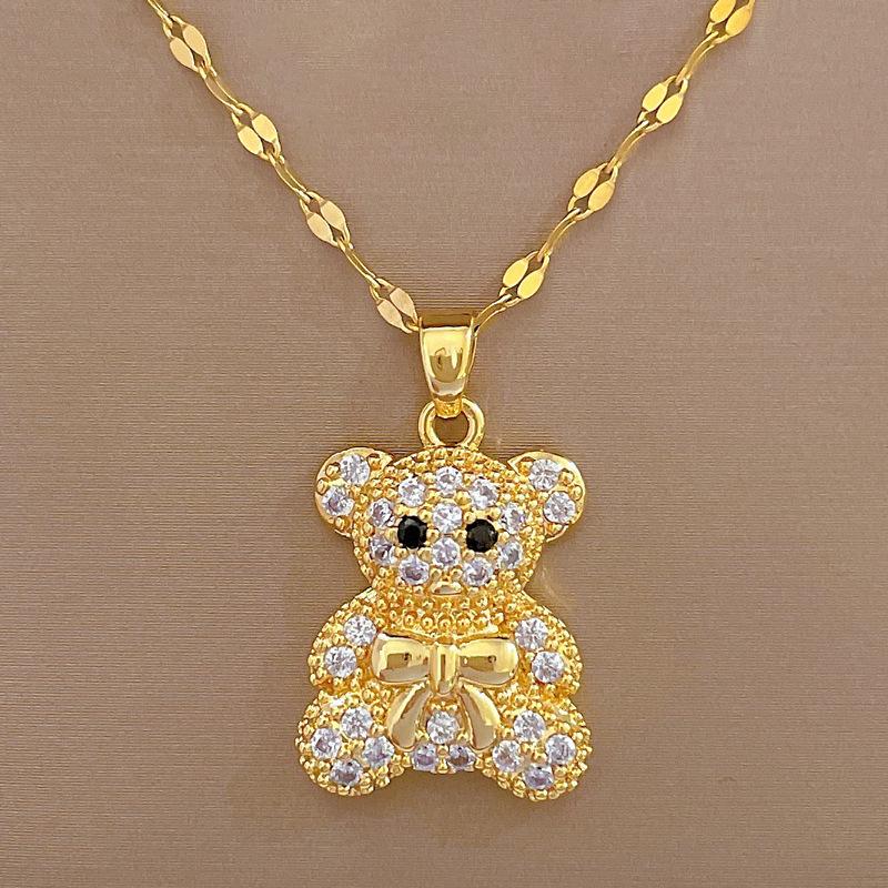 Bow Bear Light Luxury Temperament Gorgeous Full Diamond Necklace Women S Versatile Collarbone Chain Titanium Steel Chain