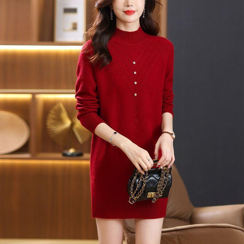 Mid-length Sweater Thick and Loose Pullover for Women In Autumn and Winter Large-sized Half Turtleneck Knitted Dress