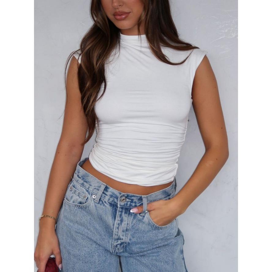 

YYFS Женская мода Повседневная Летняя Весна Однотонный Принт Без Рукавов Полуводолазка Блузки и Рубашки S белый