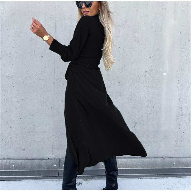 Women Solid Color Turn-Down Collar Dress Waist Lace-up Large Hem Single Breasted Shirt Ladies Maxi Dresses