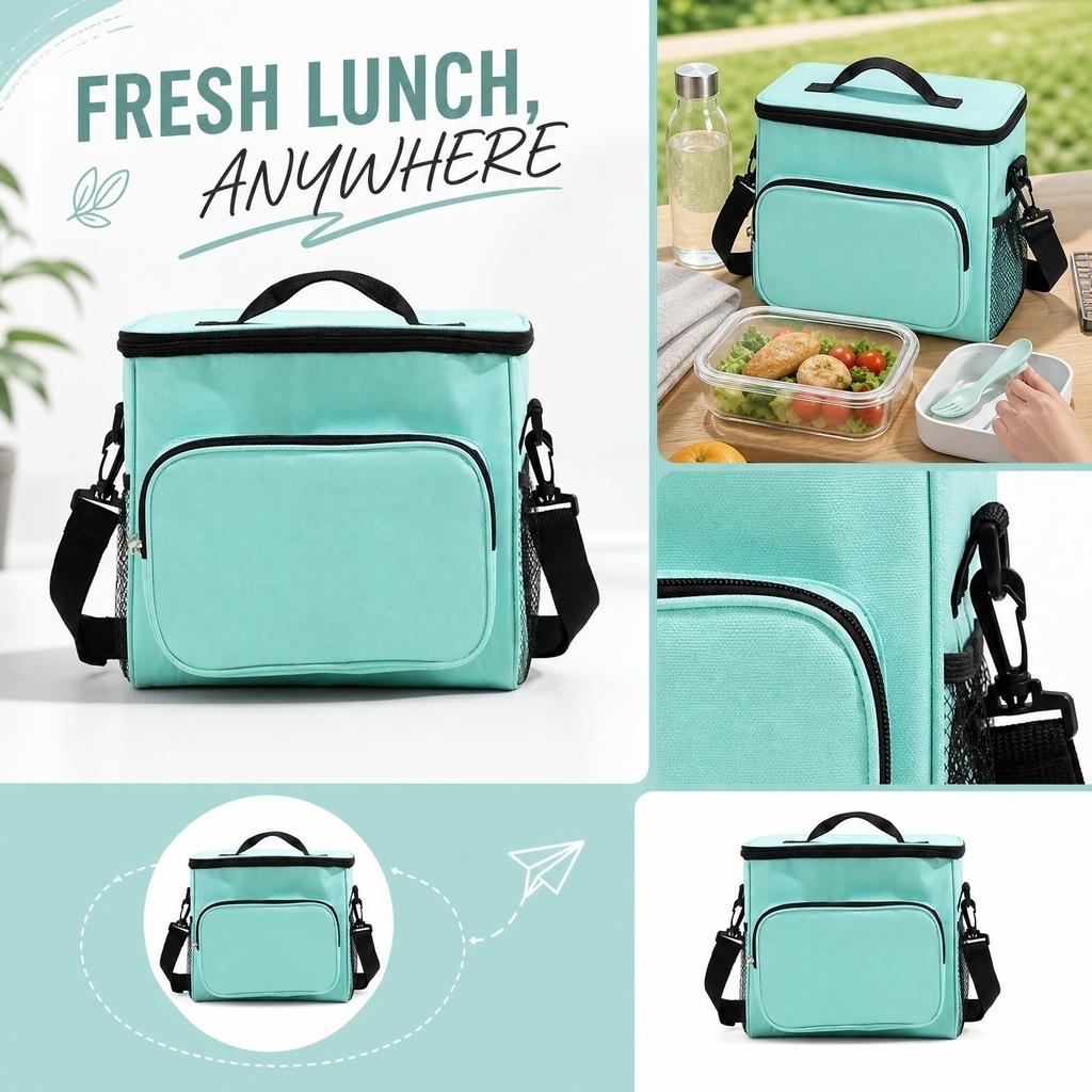 Oxford Cloth Portable Foldable Lunch Bag with Handle and Shoulder Strap Insulated Cooler Bag for Outdoor Work Travel and School Use