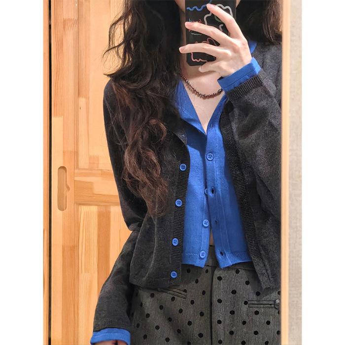 Women s Autumn Retro Color Block Knit Sweater - Soft Two-Piece Cardigan, Lazy Style, Long Sleeve, Short Top Coat Small серый