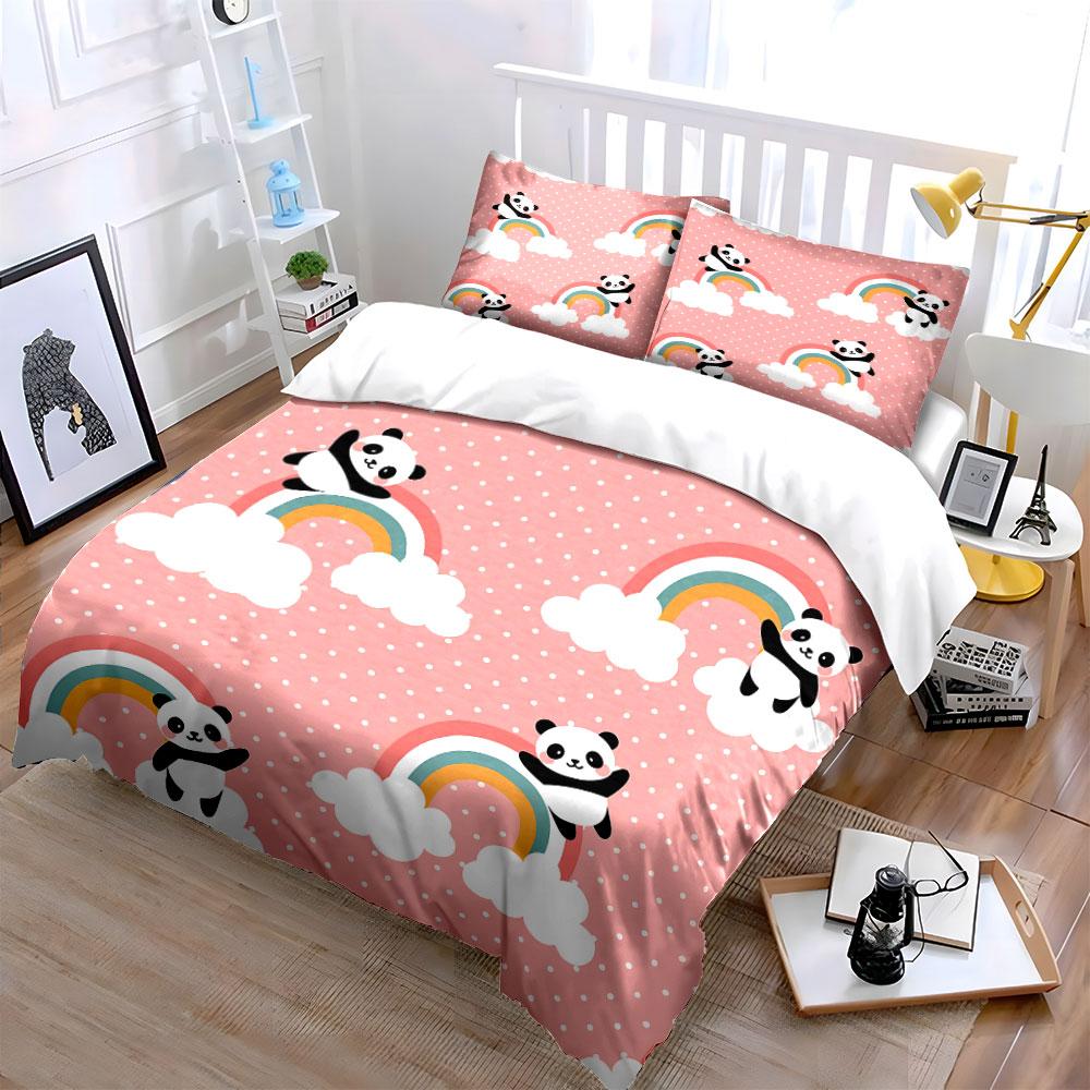 Cute Panda and Rainbow Pattern Bedding Duvet Cover Set Duvet Cover Pillowcases  (1*Duvet Cover 2*Pillowcases, Without Duvet Insert)