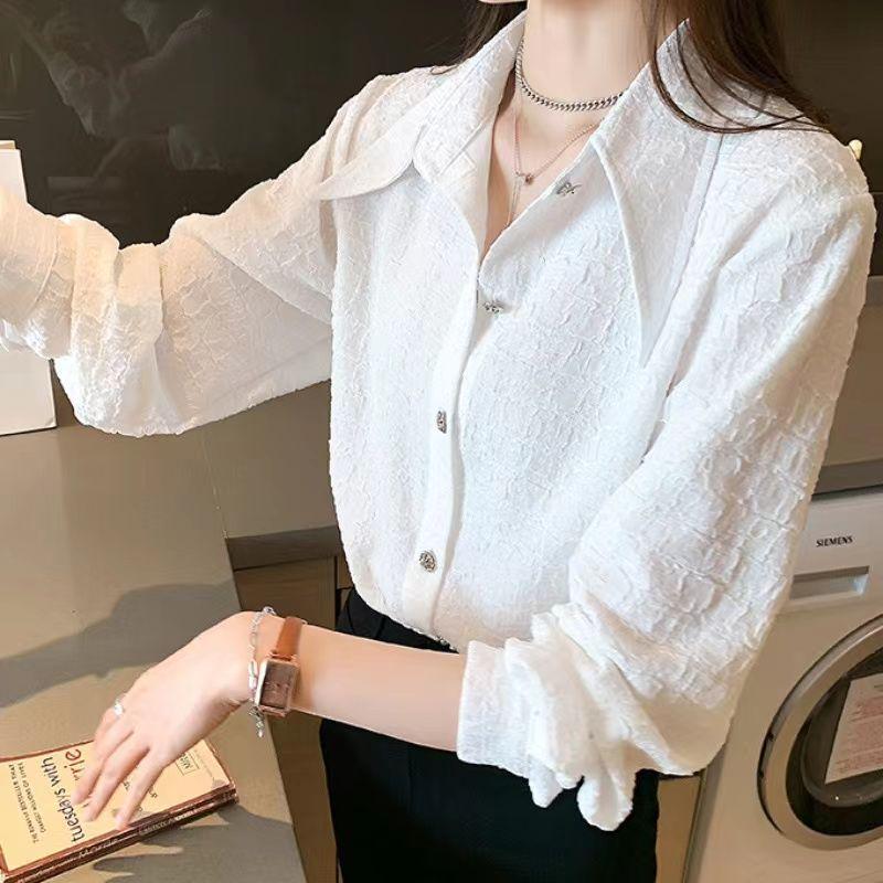 

Plus Size Women s White Chiffon Pointed Collar Shirt - Loose Fit, Long Sleeve, Versatile Layering for Spring/Autumn S 80-95