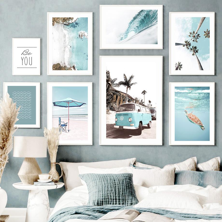 Blue Ocean Beach Sea Waves Palm Tree Surfboard Wall Art Canvas Painting Posters And Prints Wall Pictures For Living Room Decor