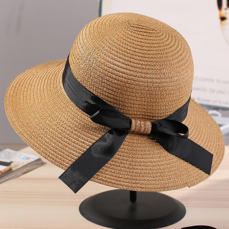 Elegant Hepburn Women Beach Sunshade Sun Hat  Summer Retro Sunscreen Hat Bow Fisherman Hat
