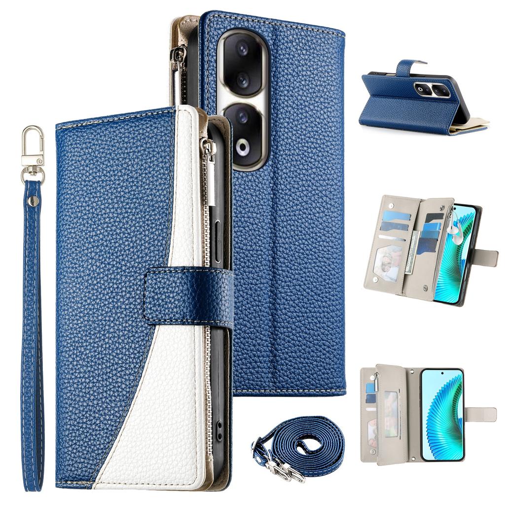 For Honor 90 Pro Case Zipper Wallet Color Splicing Leather Flip Phone Cover with Straps