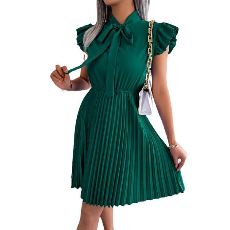 Women Elegant High Waist Pleated Dress with Lace Up Detail and Large Fold Bow Collar Solid Color Spring Summer Fashion