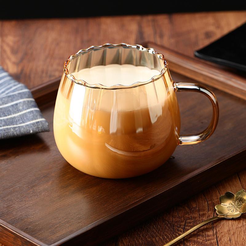 Enkellaagse Beker van Hoog Borosilicaatglas met Lepel Set Verticale Streep Pompoenvorm Glazen Beker Draagbare Creatieve Koffiemok