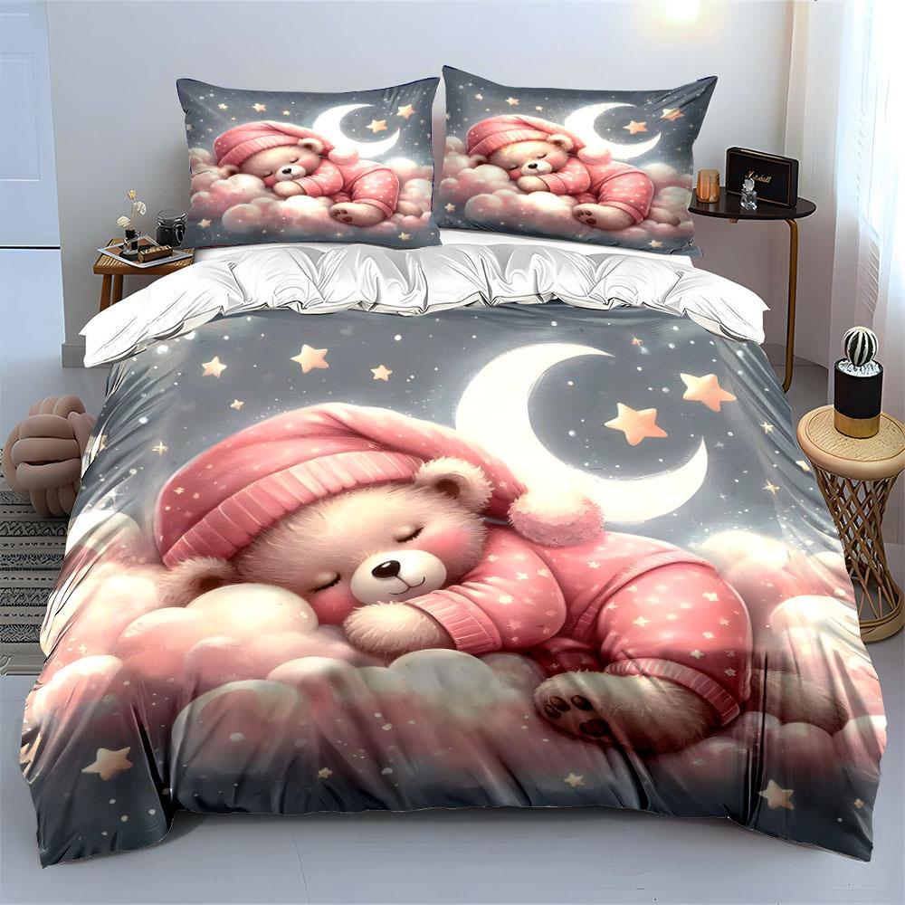 Cute Teddy bear sleeping on clouds Print Bedding Set 1 Duvet Cover 2 Pillowcases for Adult and Children Luxury Gift Full Size