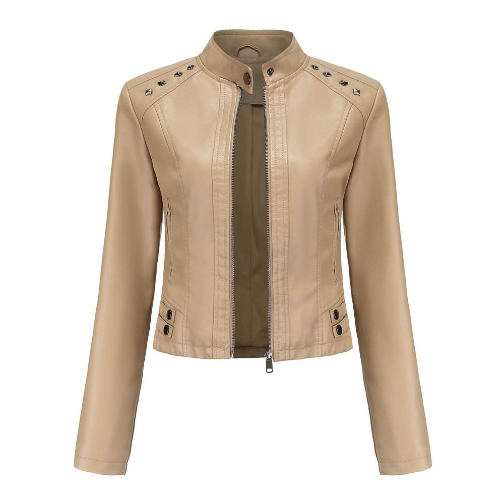 Women Spring Autumn Short Rivet Stand Collar Long Sleeve Zipper Thin Pu Leather Jacket S-3XL