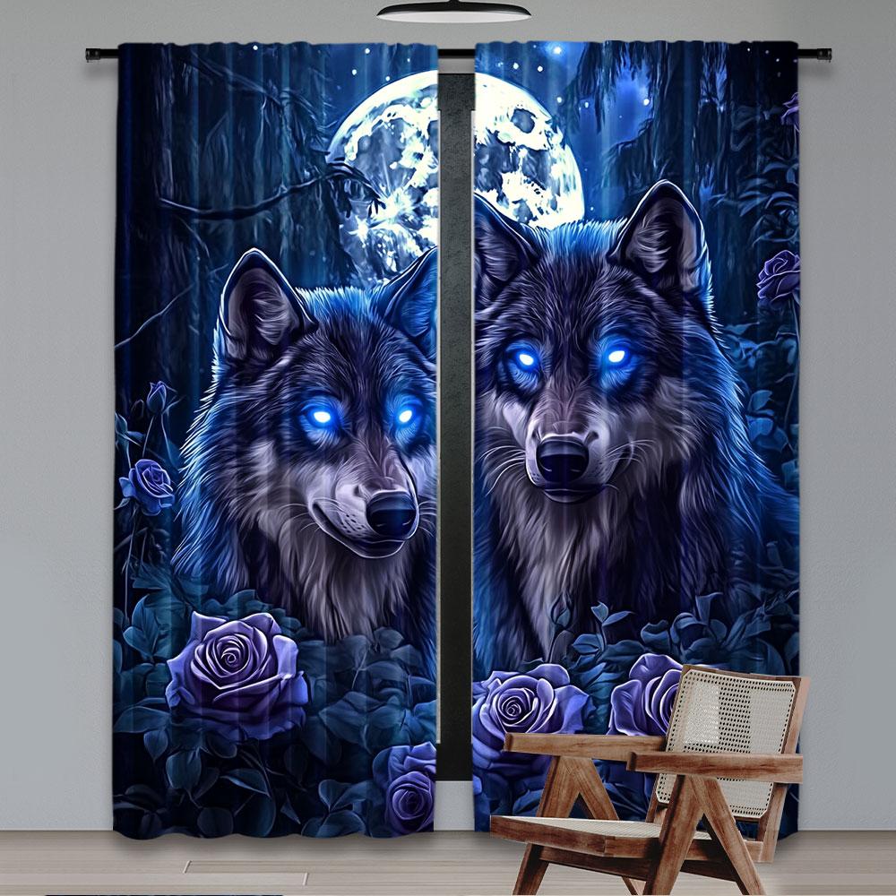 

2Pcs Wolf With Rose In The Forest Under The Full Moon Print Curtains Suitable For Bedroom Bathroom Living Room Dining Room Study 29x65in(75x166cm)