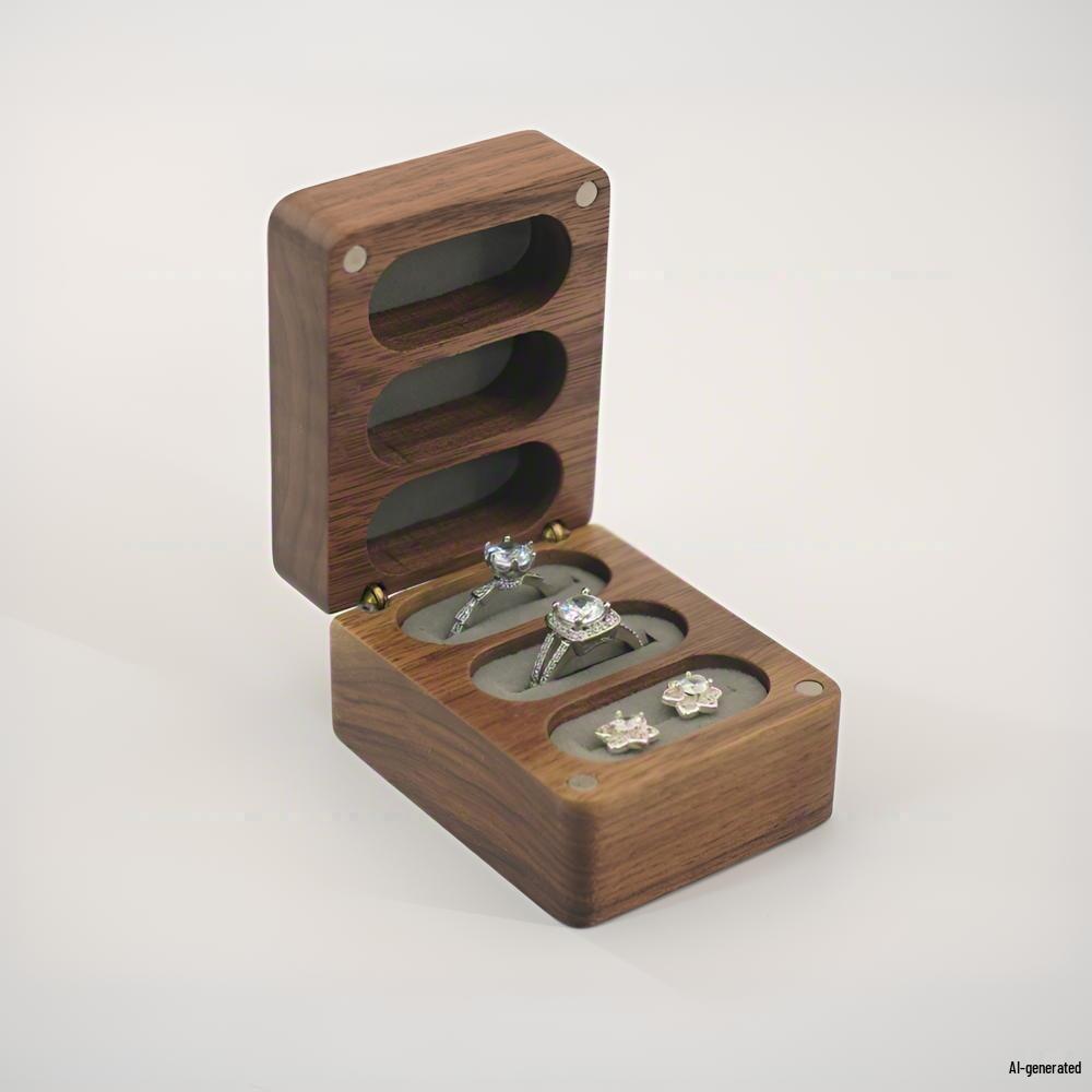 Black Walnut Wood Ring/Earring Storage Box, Three Anti-Oxidation Slots