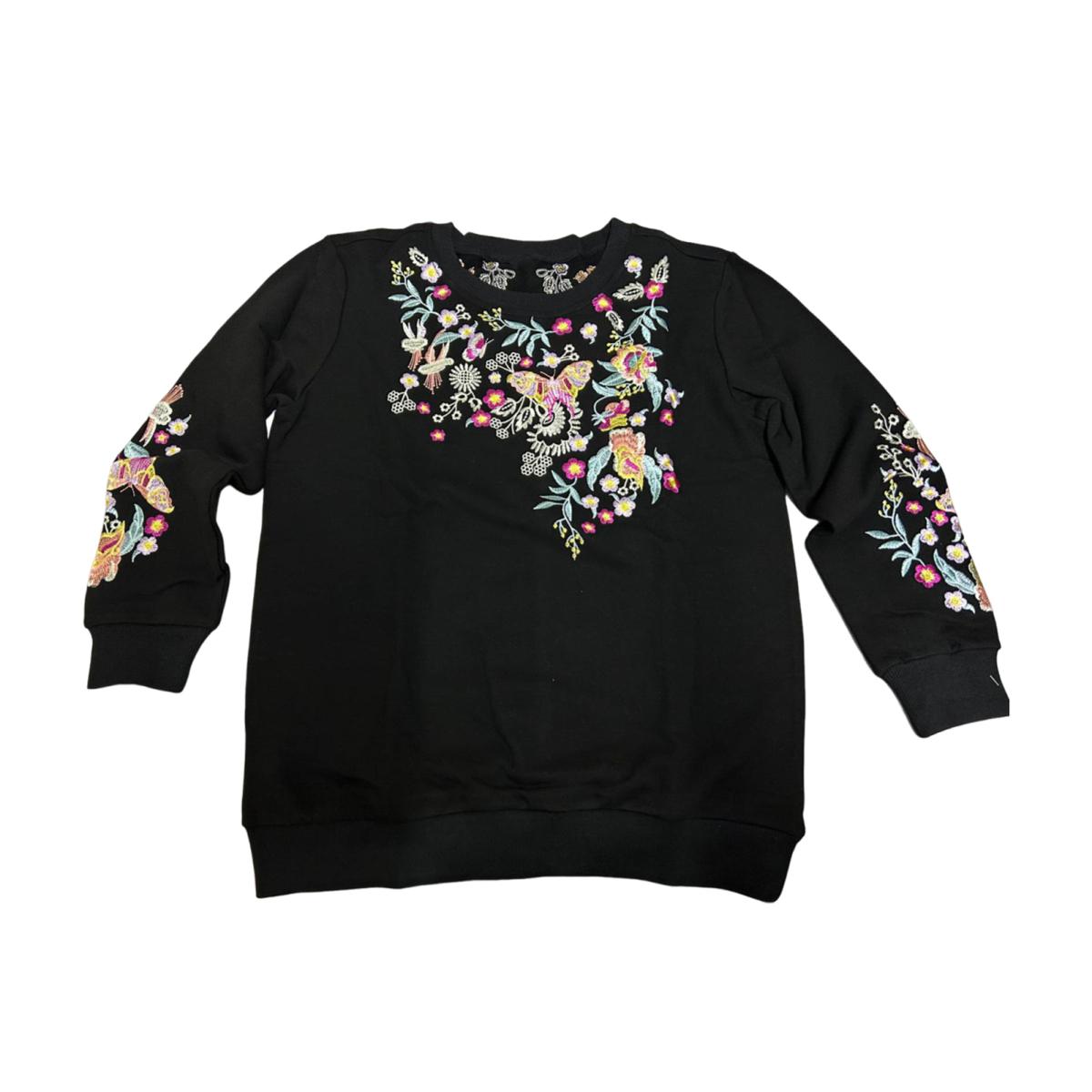 

Yousheng Женская толстовка в этническом стиле с цветочной вышивкой, круглым вырезом и длинными рукавами, контрастный цвет, весенне-осенний топ с эластичными манжетами и подолом S чёрный