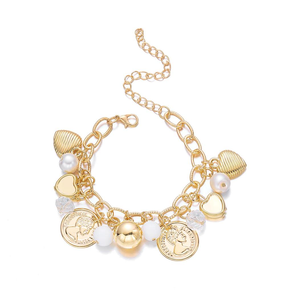 Retro Star Pearl Crystal Multi-Layer Bracelet with Heart & Round Ball Charms