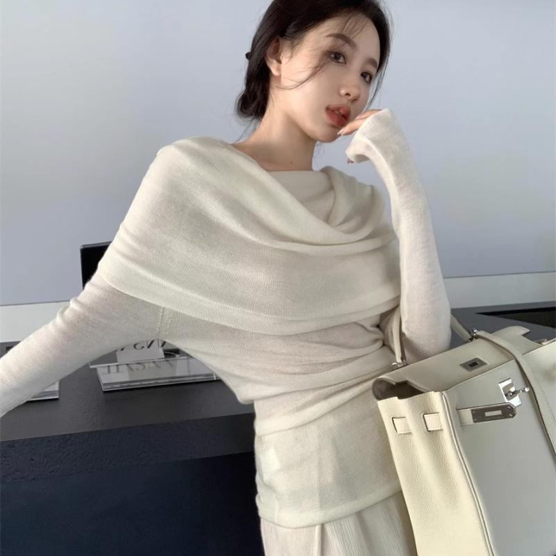 Autumn New Sexy One Shoulder Pullover Sweaters for Women Lapel Off Shoulder Long Sleeved Knitted Sweater Woman Elegant Casual Winter Knitwear 24861